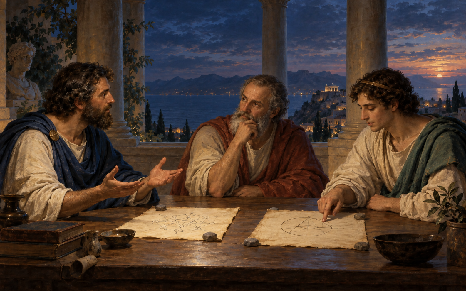 Three philosophers discuss two geometric manuscripts at a table overlooking a coastal city at dusk.