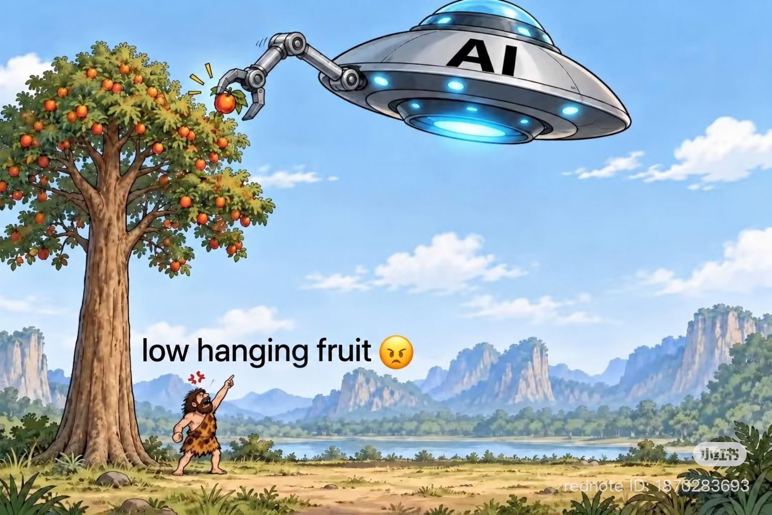 A flying machine labeled AI plucks fruit high in a tree while a person on the ground calls it low hanging fruit.